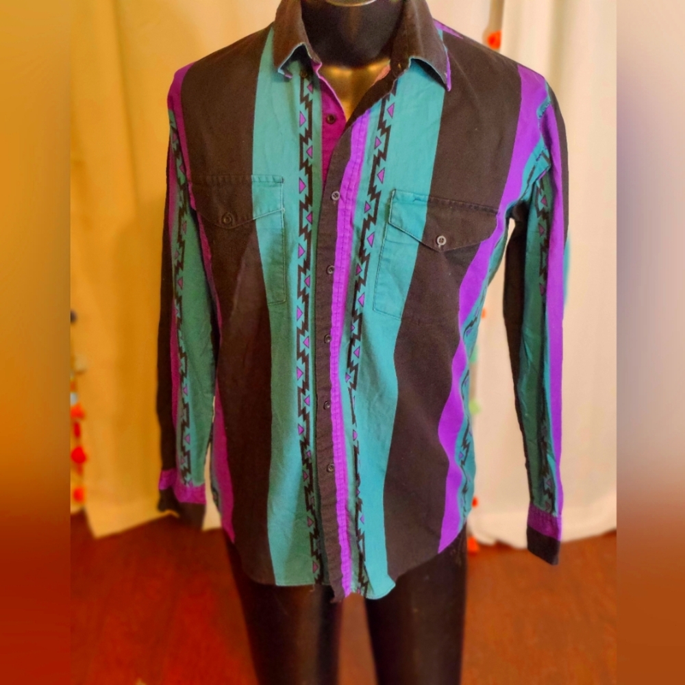 Great 80s Karman Western Cowboy Shirt bold colors purple/teal Cotton LG